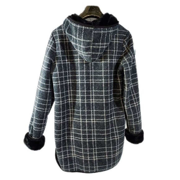Coat Hooded Jacket Plush Lined Charcoal Plaid Small Ike Behar - Picture 2 of 16